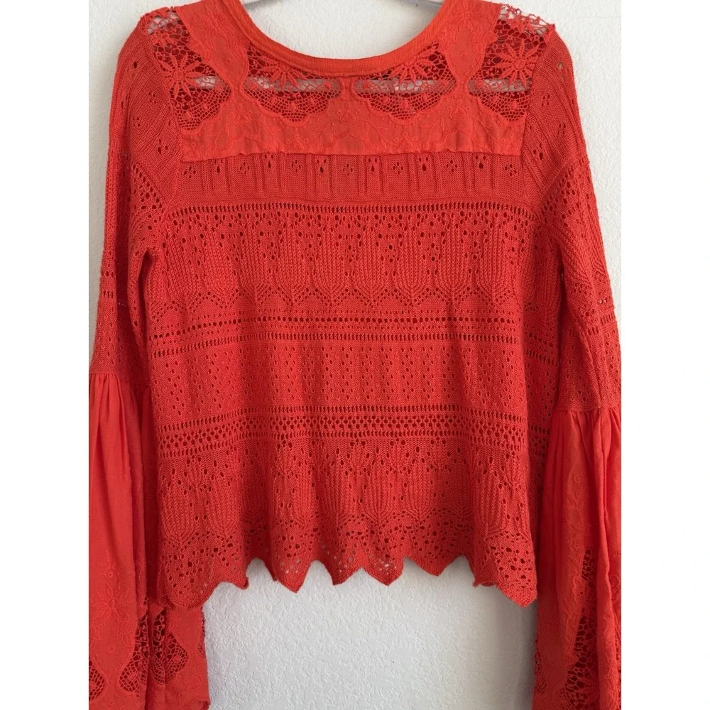 Free People Women's Flare Bell Sleeve Knit Crochet Eyelet Orange Red Size S Boho